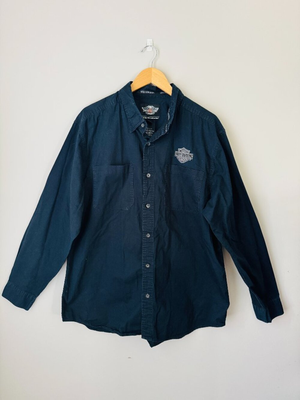 Harley Davidson Cotton Long Sleeve Button Down Mens XL Cotton Black Two Chest Po